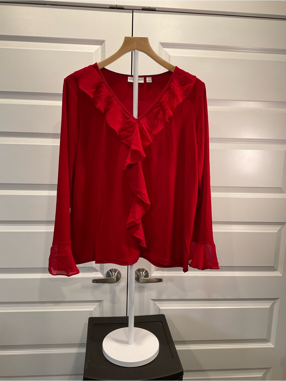 Susan Graver Red Ruffle V-Neck Long-Sleeve Blouse